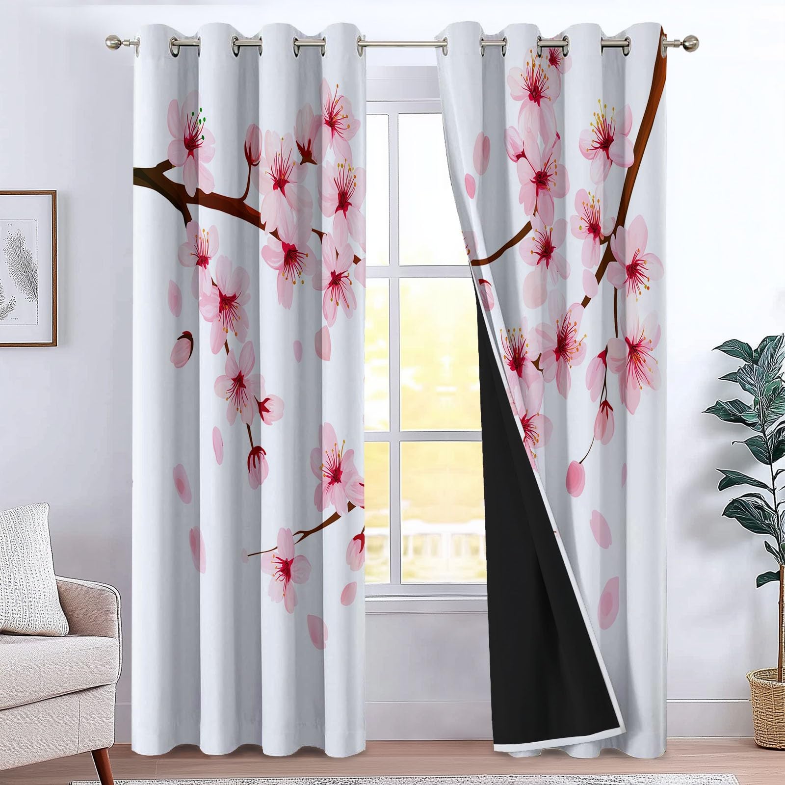 XCQHZYQ Cortinas Opacas Termicas Aislantes Frio Y Calor con Ojales 2 Piezas 2x75x166 cm, Flores De Cerezo Rosas Cortinas Opacas Niño Dormitorio Cocina Salon para Juvenil Infantil, Blanco