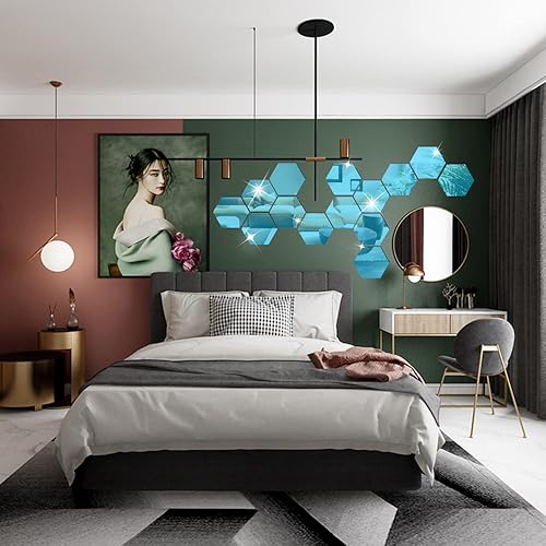 Miniatura 5 de Juego de 12 calcomanías de pared para bricolaje, espejo hexagonal, para decoración de sala de estar, dormitorio (azul)