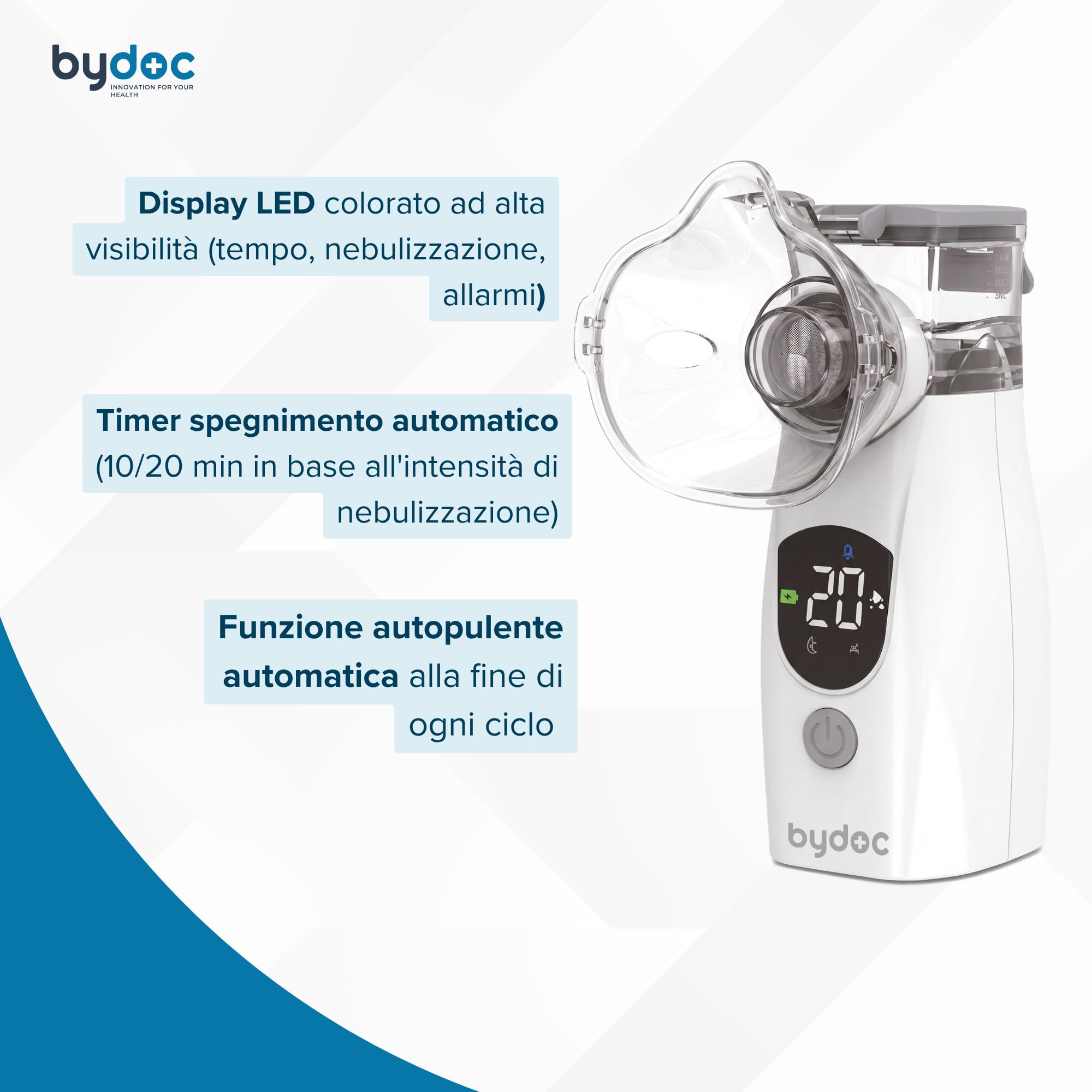 Aerosol Portatile Mesh a Ultrasuoni, Dispositivo medico classe IIA, Nebulizzatore Silenzioso Ricaricabile USB-C, per Adulti e Bambini, Borsa Inclusa, BYDOC