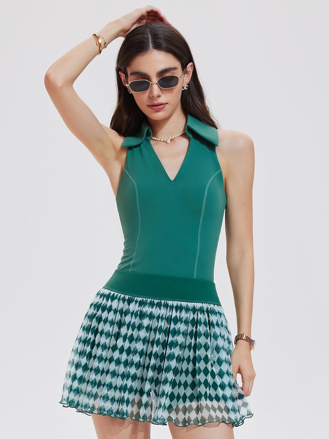 Women's 2 Piece Tennis Skirt Set Collared V Neck Padded Racerback Top & Pleated Skort with 4 Pockets Golf Pickleball Outfit - Image 2