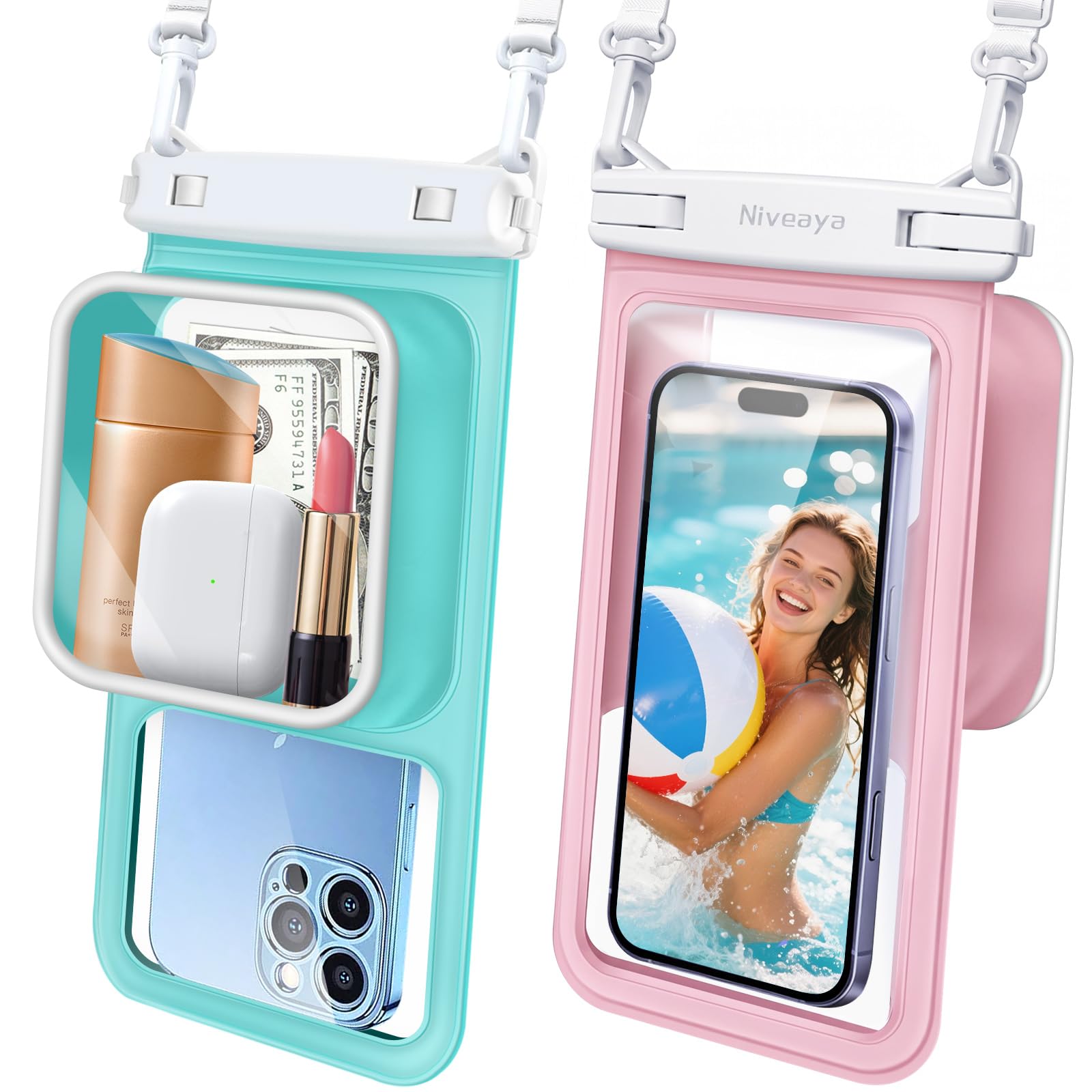 Niveaya [Floatable Floating Waterproof Phone Pouch 2 Pack-Up to 8.5", Large Space Adjustable Neck Lanyard Waterproof Phone Case, Phone Dry Bags for