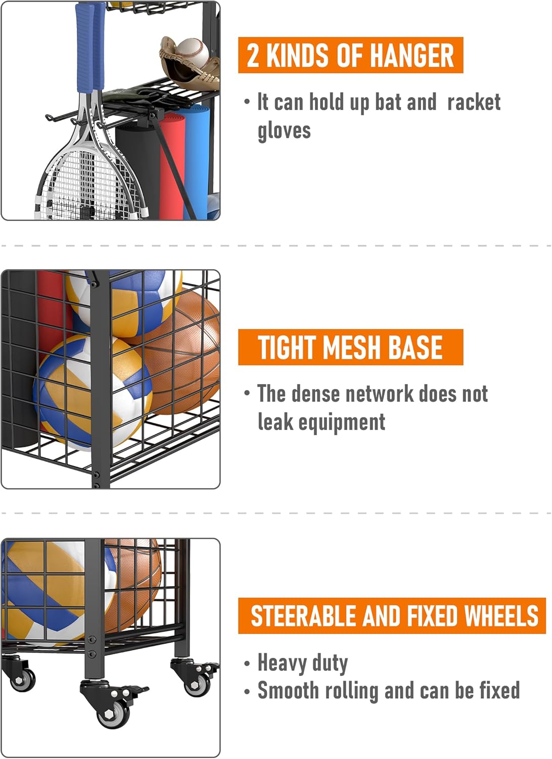 Baoz Garage Sports Equipment Organizer, Golf Organizer for Garage with Lockable Wheels, Updated 4 Layers Heavy Duty Sports Storage Cart, Rolling Ball Storage Rack for Volleyball Basketball Baseball