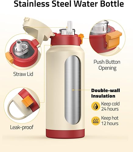 Miniatura 3 de CVLIFE Botella de agua aislada de acero inoxidable con popote para deportes y viajes, botella de agua deportiva sin BPA, 32 onzas, crema de fresa