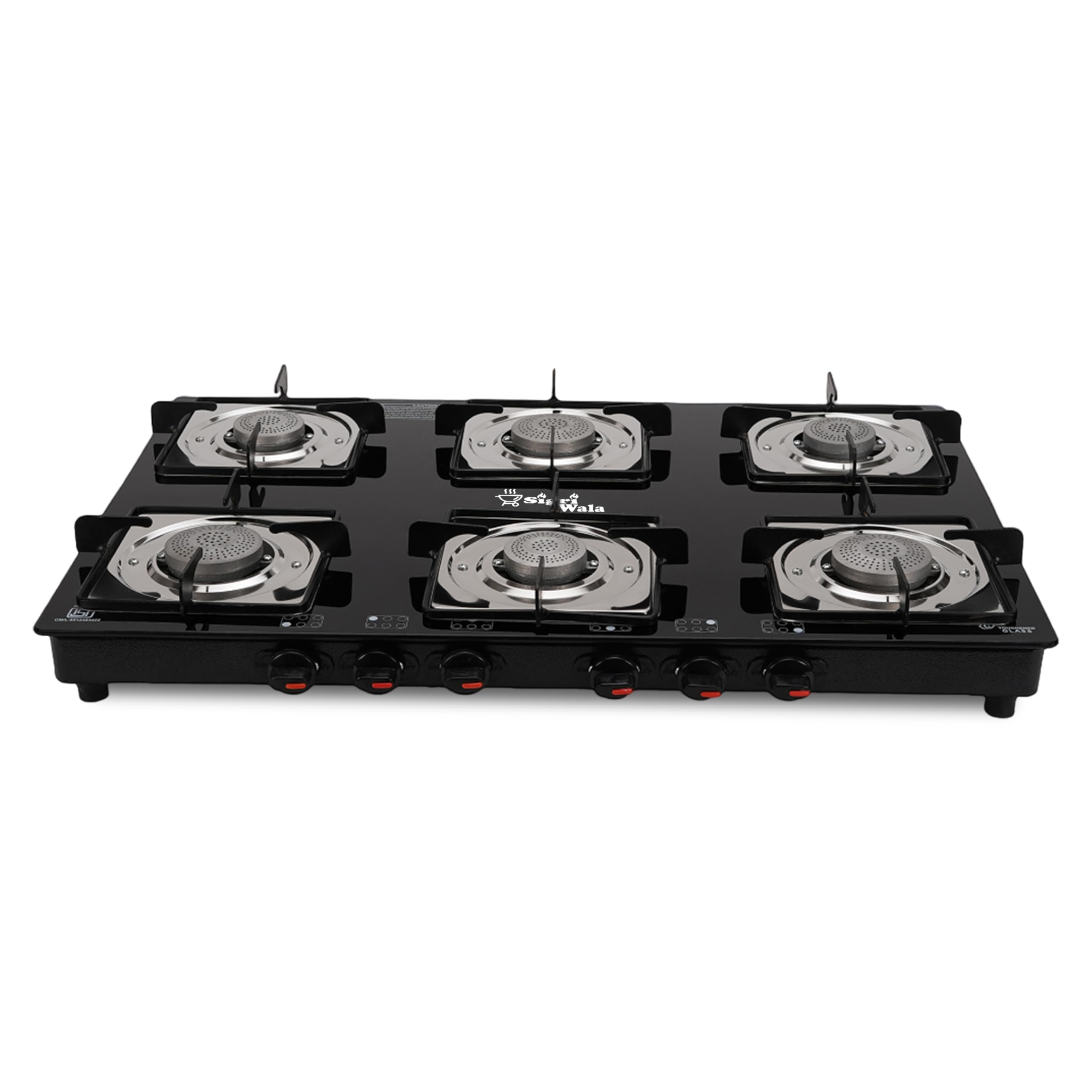 Sigri-Wala PrimeCook 6 Burner Gas Stove for Kitchen | Manual Ignition | Orchid Black Toughened Glass Cooktop | LPG Compatible | High Efficiency Burners-image-18