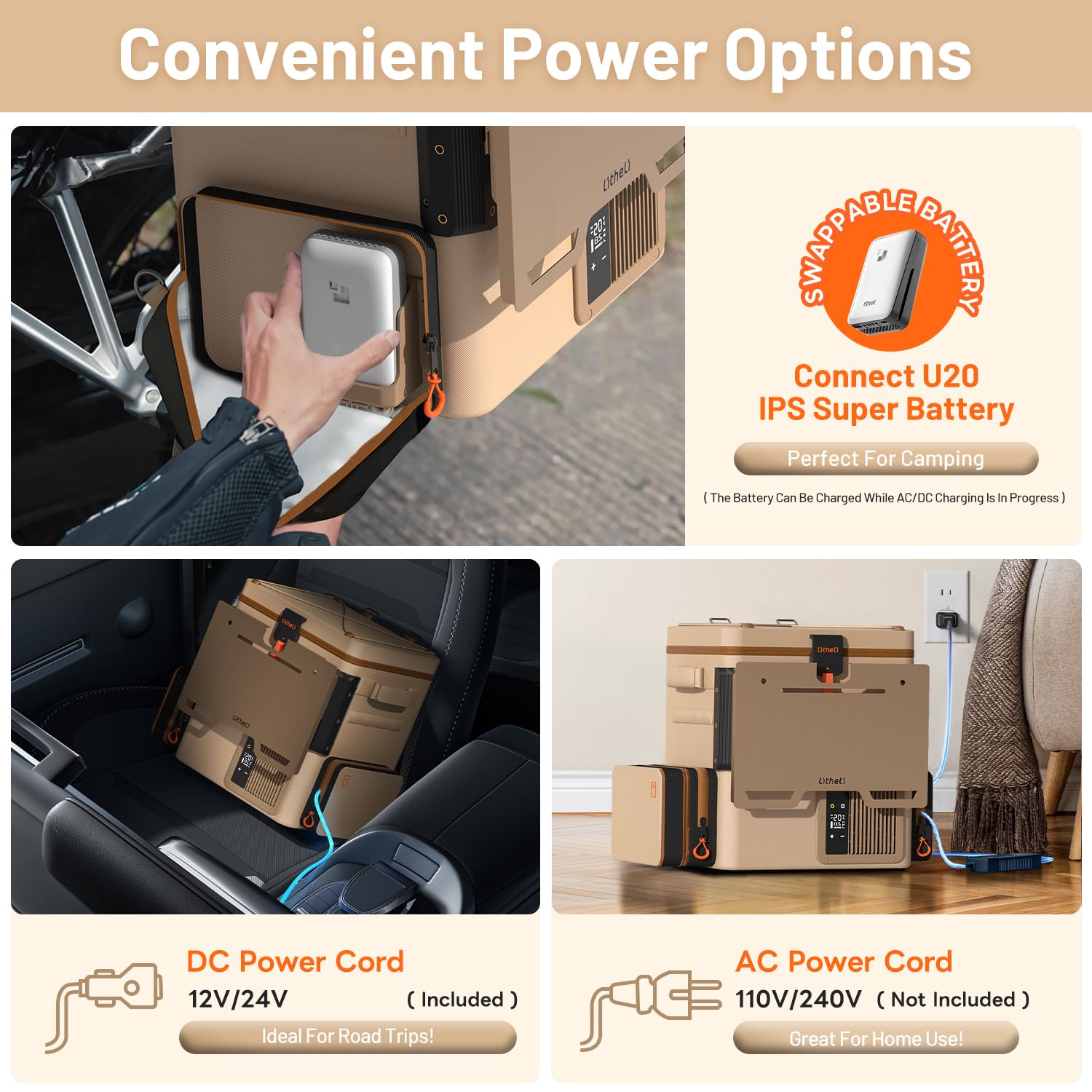 LiTHELi Frozen Pack 12V Autokühlschrank & Tragbarer elektrischer Kühlakku, 20L/21QT mit 2 U20 Batterien, -4~68℉ Reisekühlschrank mit Gefrierfach für Camping, Roadtrips, Wohnmobil, Boot & Strand