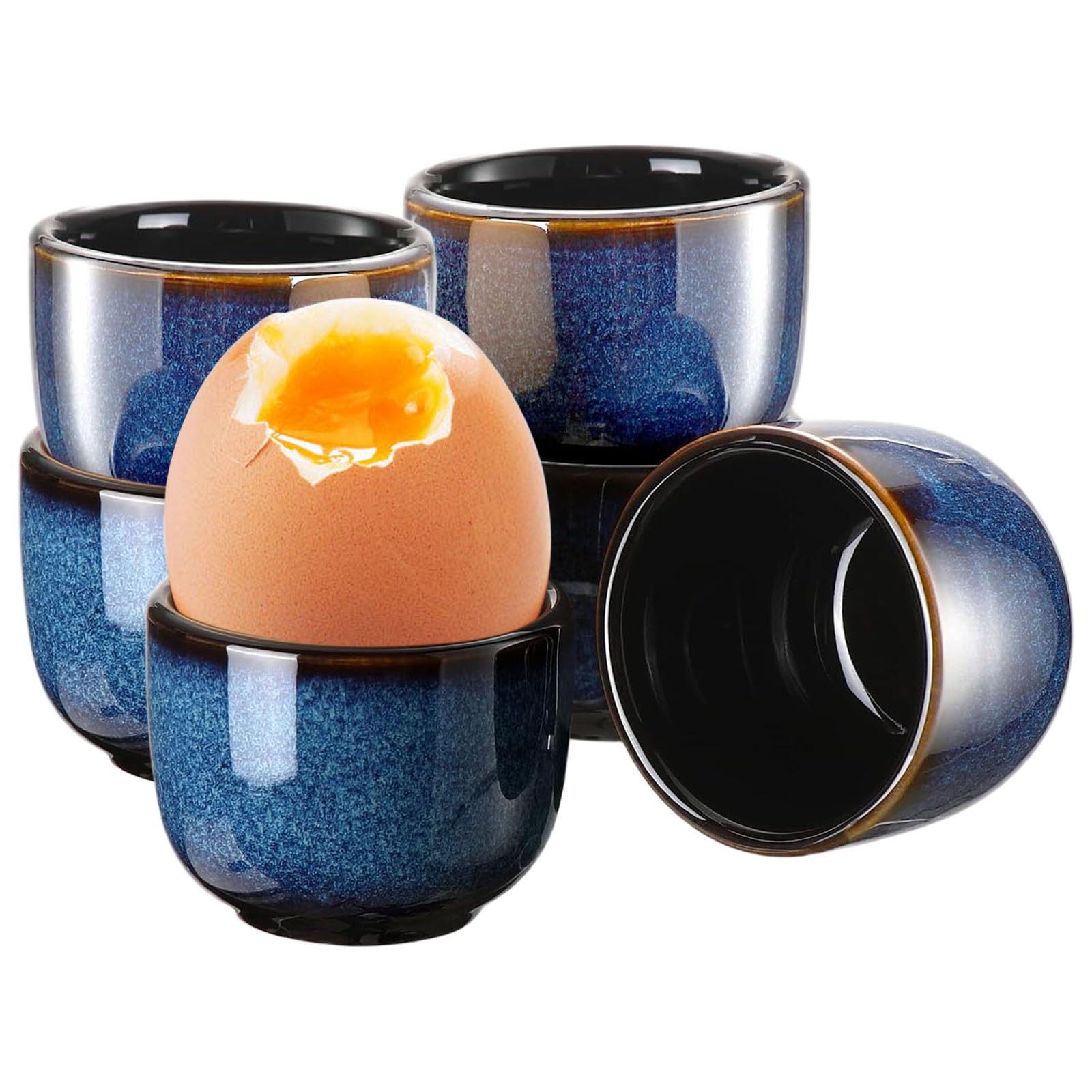 6er Set Eierbecher Keramik, Eierbecher Porzellan Vintage Blau, Hochwertige Keramik mit Glänzender Oberfläche, Eierbecher Set für alle Eigrößen, Blaues Design mit Farbverlauf