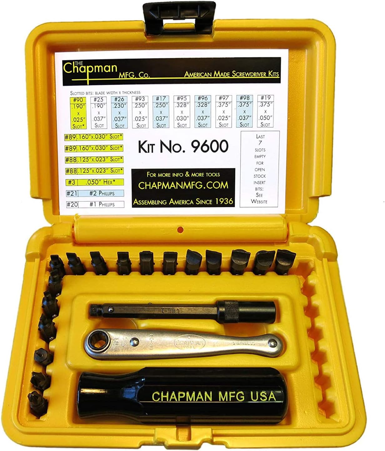 Chapman MFG 9600 Starter Slotted Screwdriver Set - 20 Pieces - Includes 14 Slotted Head Insert Bits, 2 Phillips, Mini Ratchet, Screwdriver Handle, Extension + Open Slots, USA Made (Yellow Case)