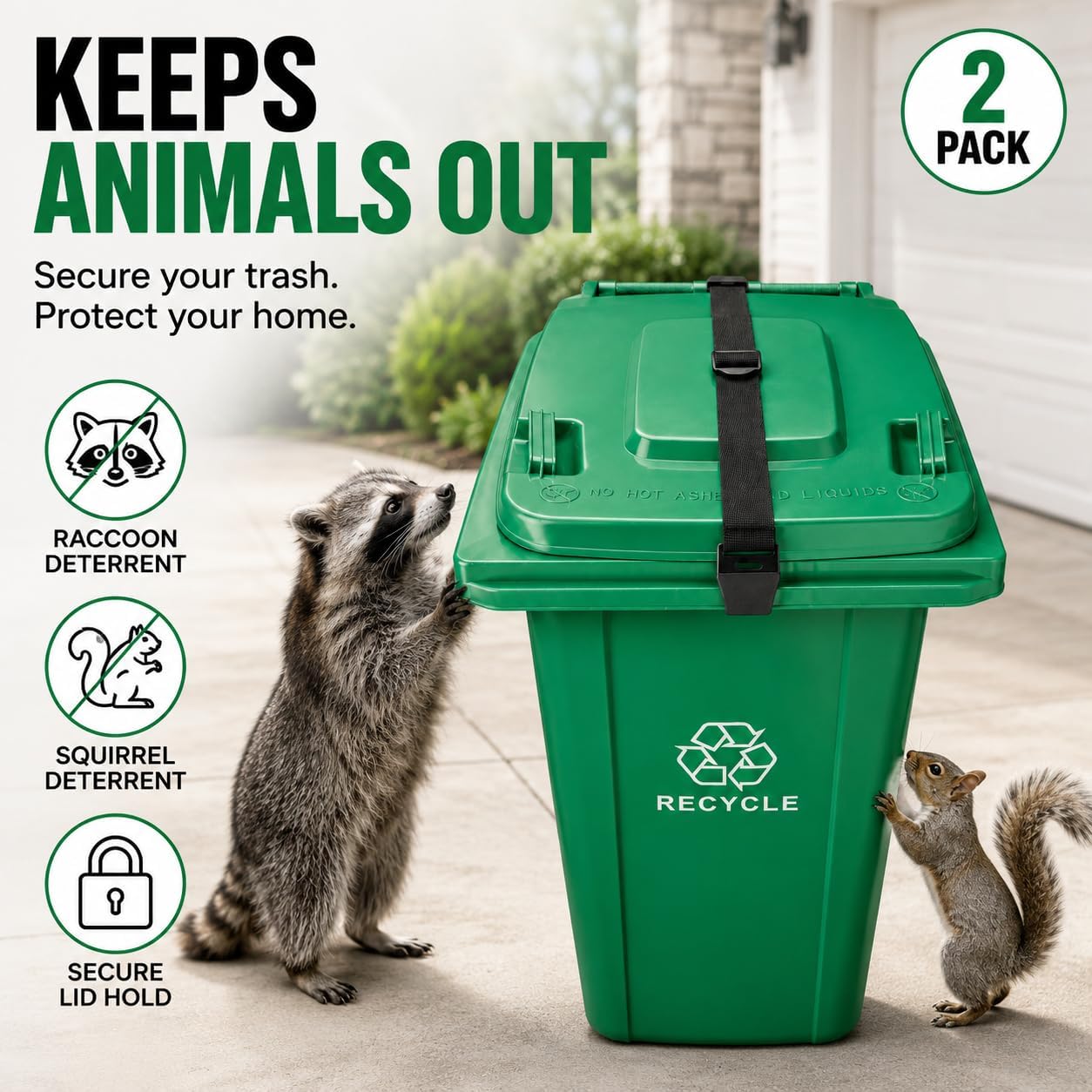 2PCS Bear Proof Trash Can Lock, Heavy Duty Garbage Can Locks for Animals with Adjustable Strap & Metal Claw, Trash Can Lid Lock for Outdoor Garbage Cans 32-96 Gallon