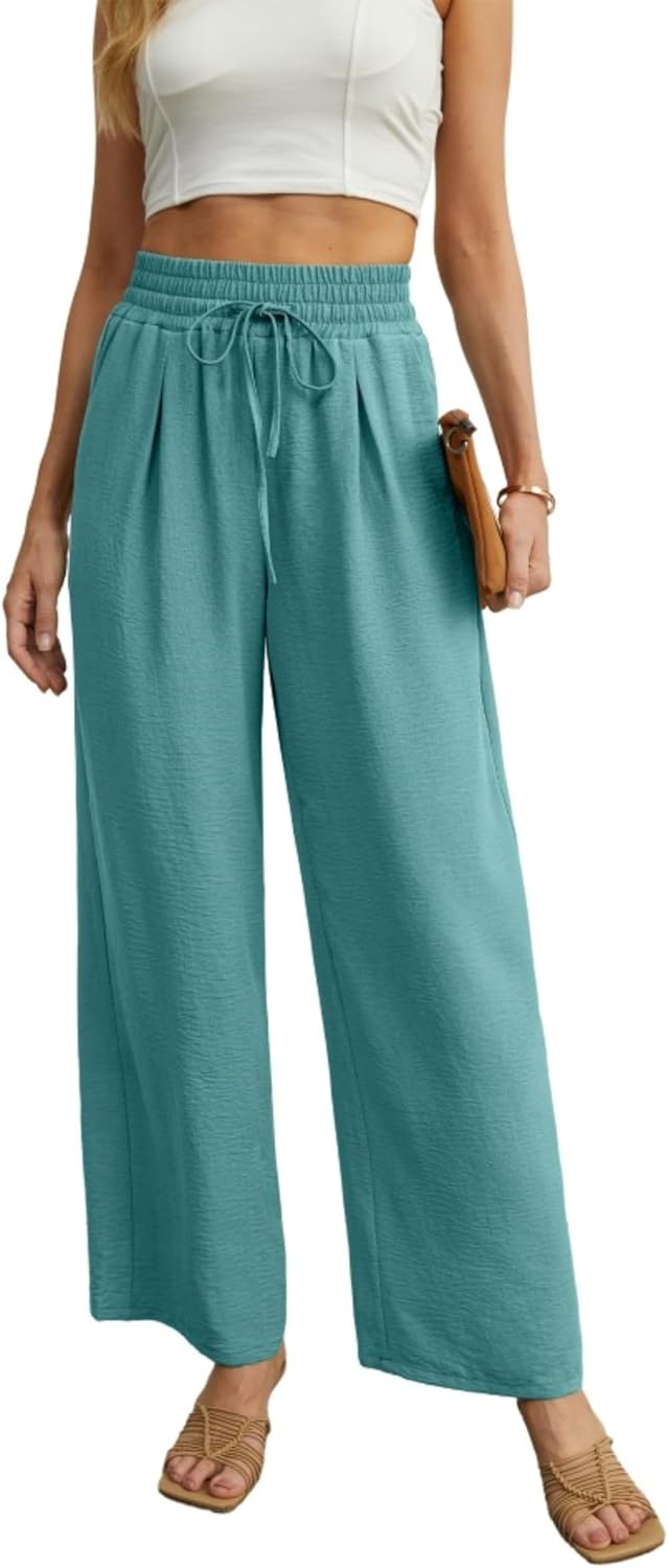 CMTOP Brede broek voor dames, hoge taille, stoffen broek, zomer, palazzobroek, casual, los, rechte pijpen, effen, lange broek, elegante vrijetijdsbroek, losse pasvorm, broek met zak, zwart, S