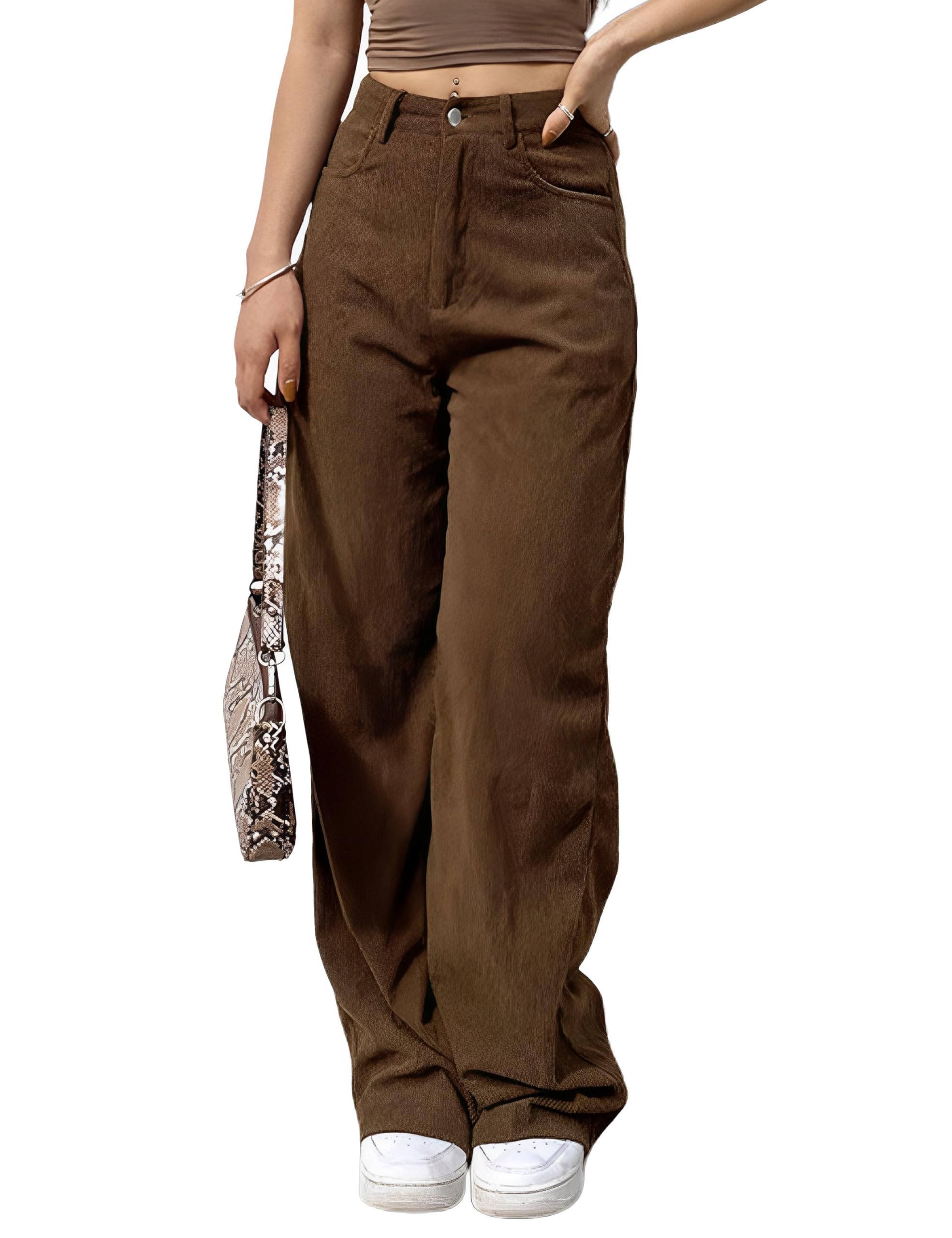 Himosyber Corduroy Pants for Women Casual Elastic High Waist Stretchy Wide Leg Pants Loose Fit Comfy Trousers with Pockets