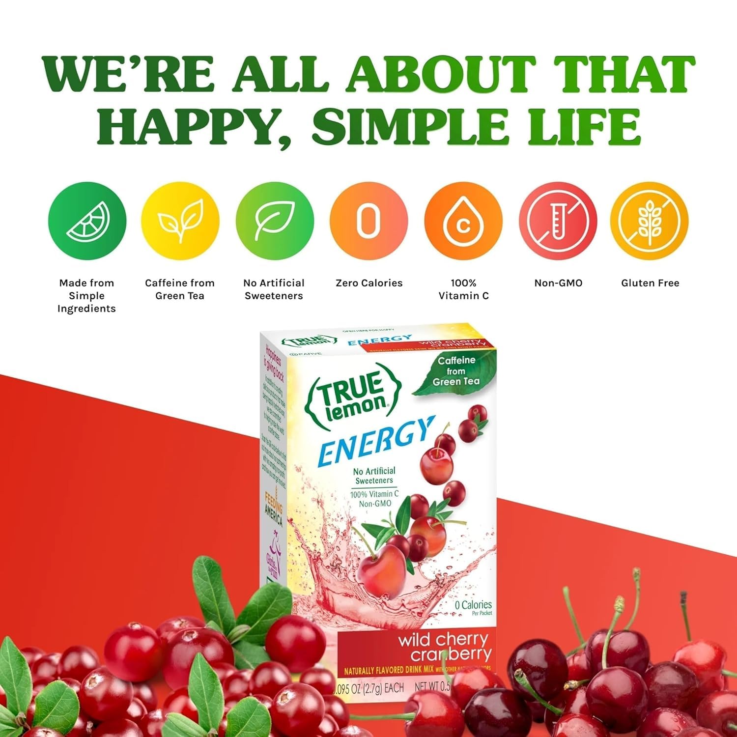 True Lemon Energy - Mezcla de bebida de arándano y cereza silvestre, sin conservantes, sin edulcorantes artificiales, paquetes de sabor de agua sin gluten y potenciador de agua con stevia, 6 unidades