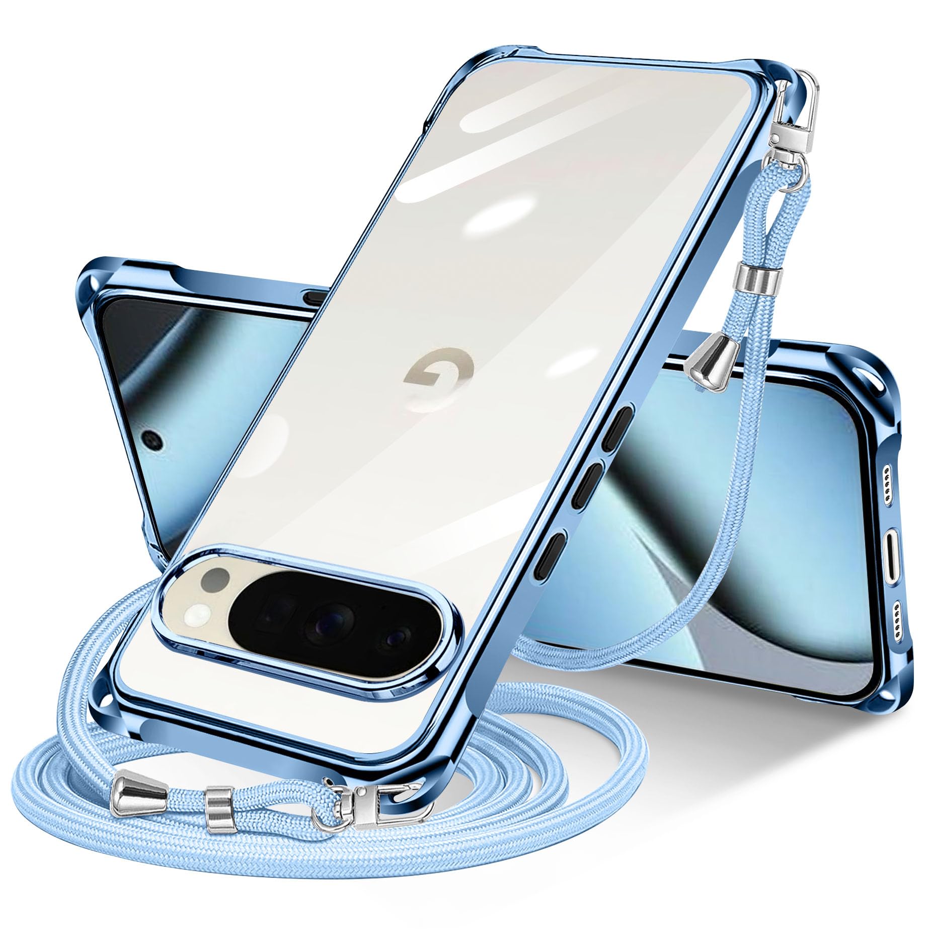 NISIILNG Google Pixel 10 Pro XL 用 ケース クリア ショルダー pixel 10pro xl 用 スマホケース ピクセル 10Pro XL カバー 肩掛け 斜めかけ 縄掛けケース 透明 薄型 軽量 TPU 紐付き 斜めがけ 織りストラップ付き ネックストラップ ショルダー 縦/横 2WAY 長さ調整可能 取り外し可能 落下防止 紛失防止 (ブルー)