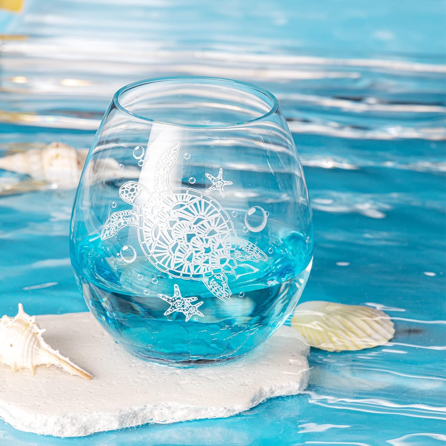 Sea Turtle Gifts for Women, 19 Oz Stemless Wine Glass Unique Turtle Gifts for Ocean Beach Tortoise Lovers, Birthday Home Decor for Best Friends Sister Women Coworker (Crackle Blue) - Image 2