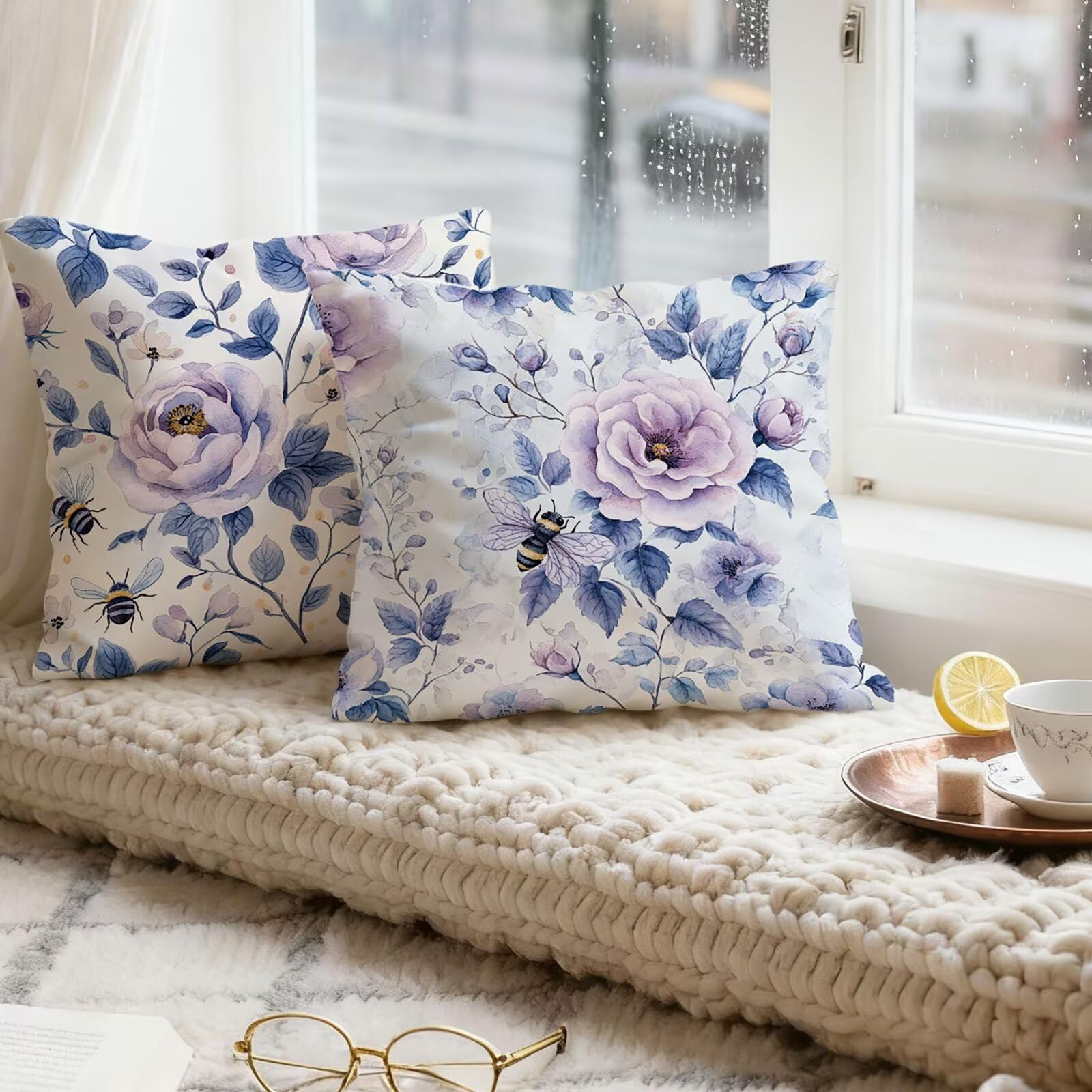 Violet Housse Coussin 60x60 Fleur Taie Oreiller 60x60 Lot de 4 Super Doux Protege Oreiller 60 x 60 Decoration Automne Taie D'oreiller Carrées Coussin Canape, pour Maison Chambre Canapé Chaise E - 276