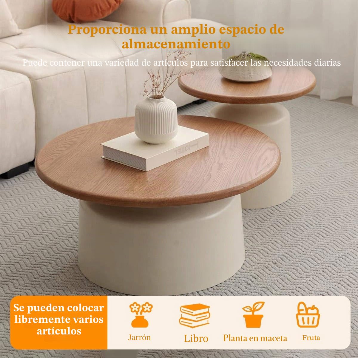 Mesa Centro Redonda de Madera Maciza, Mesa Nido Juego De 2 auxiliares, se Pueden Usar Individualmente o combinadas, mesas centrales para Sala de Estar y balcón