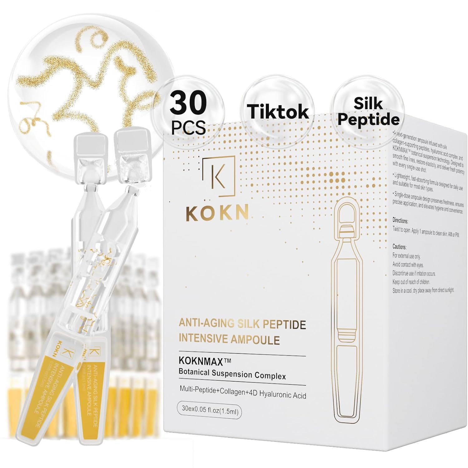 Silk Peptide Intensive Lifting Ampoule, Anti-Aging Hydrating Serum, KOKN™ Complex, Multi Peptide, Collagen, Niacinamide, 4D Hyaluronic Acid Serum for Wrinkles & Fine Lines & Radiance (1.5fl.oz)