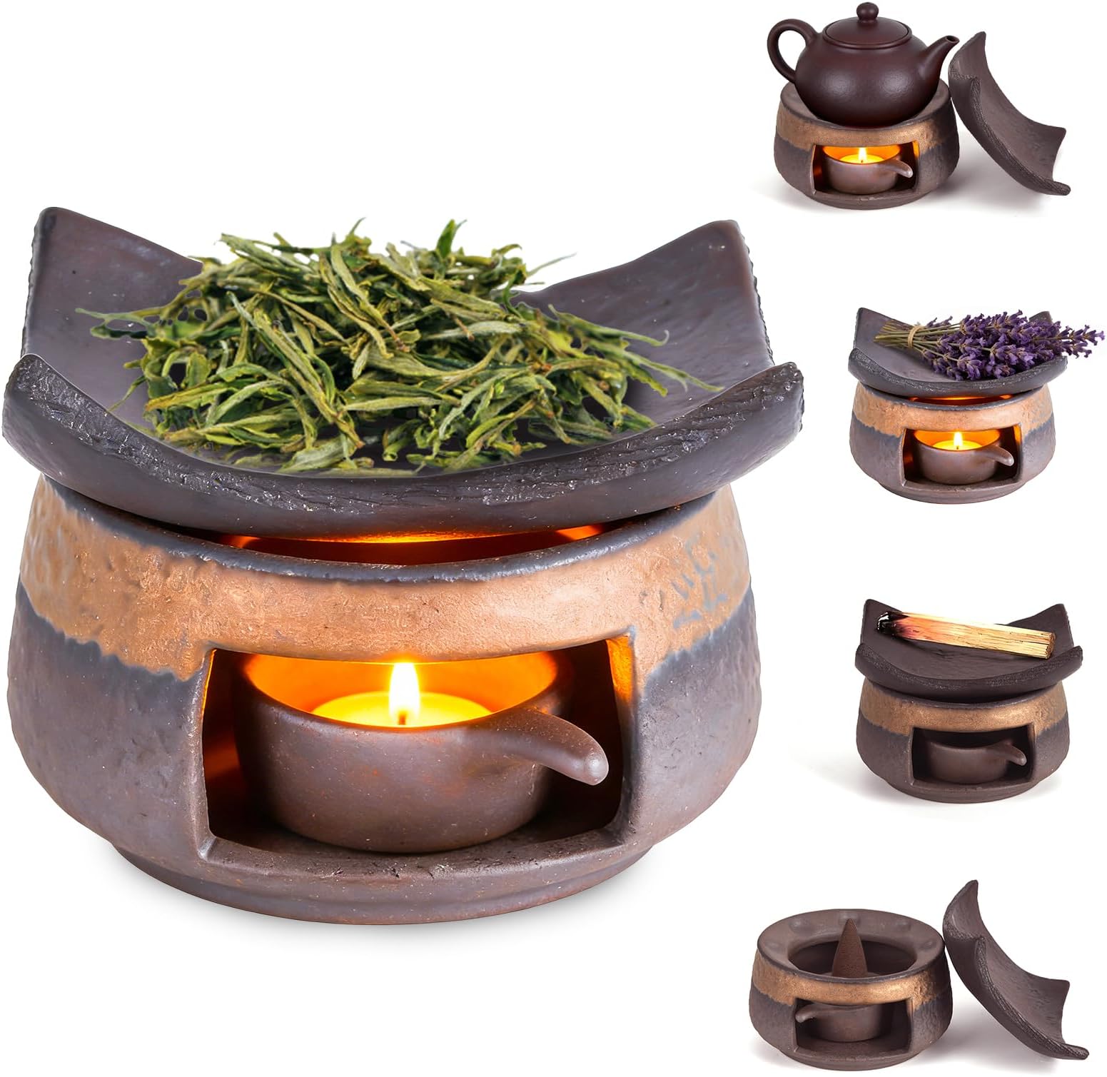 Handmade Ceramic Aromatherapy Diffuser,Herb Burner & Candle Wax Warmer with Tealight Holder, Home Fragrance Accessories for Relaxation & Meditation-A