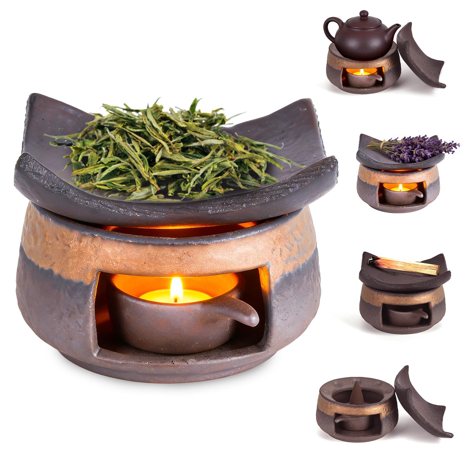 Handmade Ceramic Aromatherapy Diffuser,Herb Burner & Candle Wax Warmer with Tealight Holder, Home Fragrance Accessories for Relaxation & Meditation-A