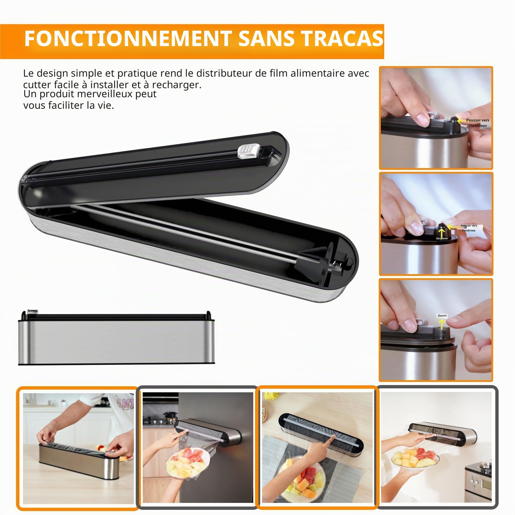 Derouleur Film Alimentaire - Fixation Magnétique et Murale sans Perçage, Distributeur Papier Aluminium et Film pour Organisation la Cuisine - Inclus 2x100m Rouleaux, Acier Inox Argenté