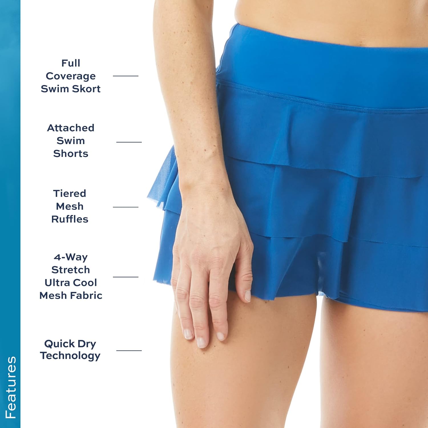 Athletic Swim Skort — Ruffled Bikini Bottom Swimsuit Skirt, Mesh Tiers, Cadence