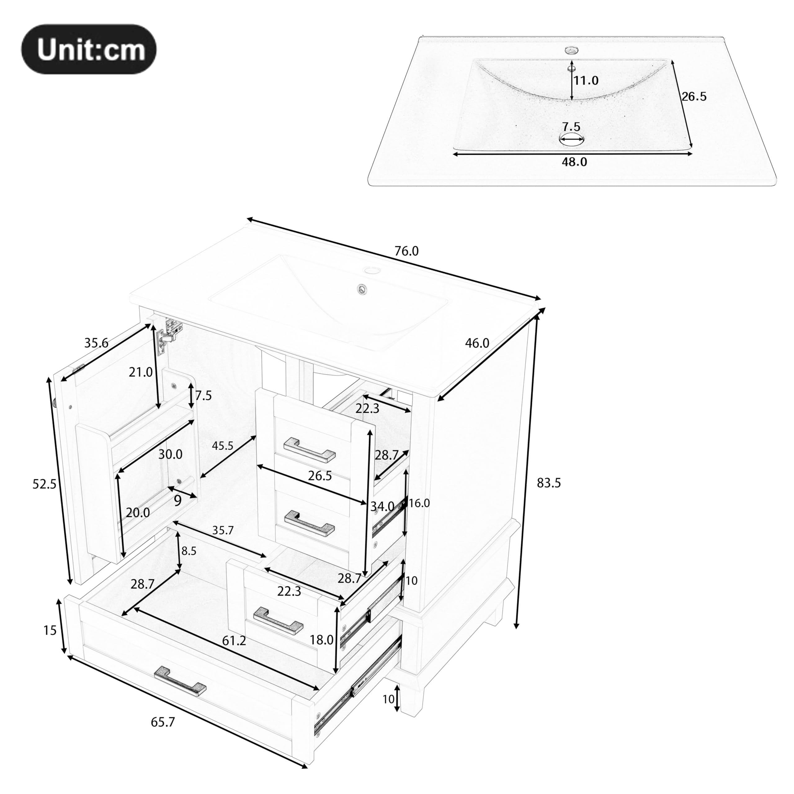 Armario de baño de pie Easexcy, 76 x 46 x 83,5 cm, lacado, estantería puerta, 3 cajones, lavabo cerámico integrado (gris)