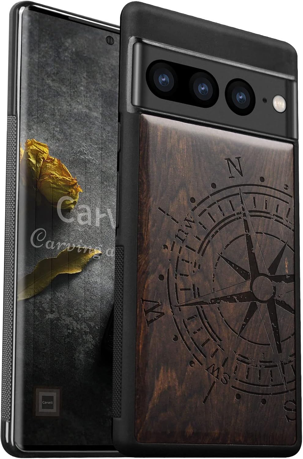 Carveit Wood Case for Google Pixel 7 Pro [Natural Wood & Black TPU] Shockproof Protective Cover (Blackwood, Vintage Compass)