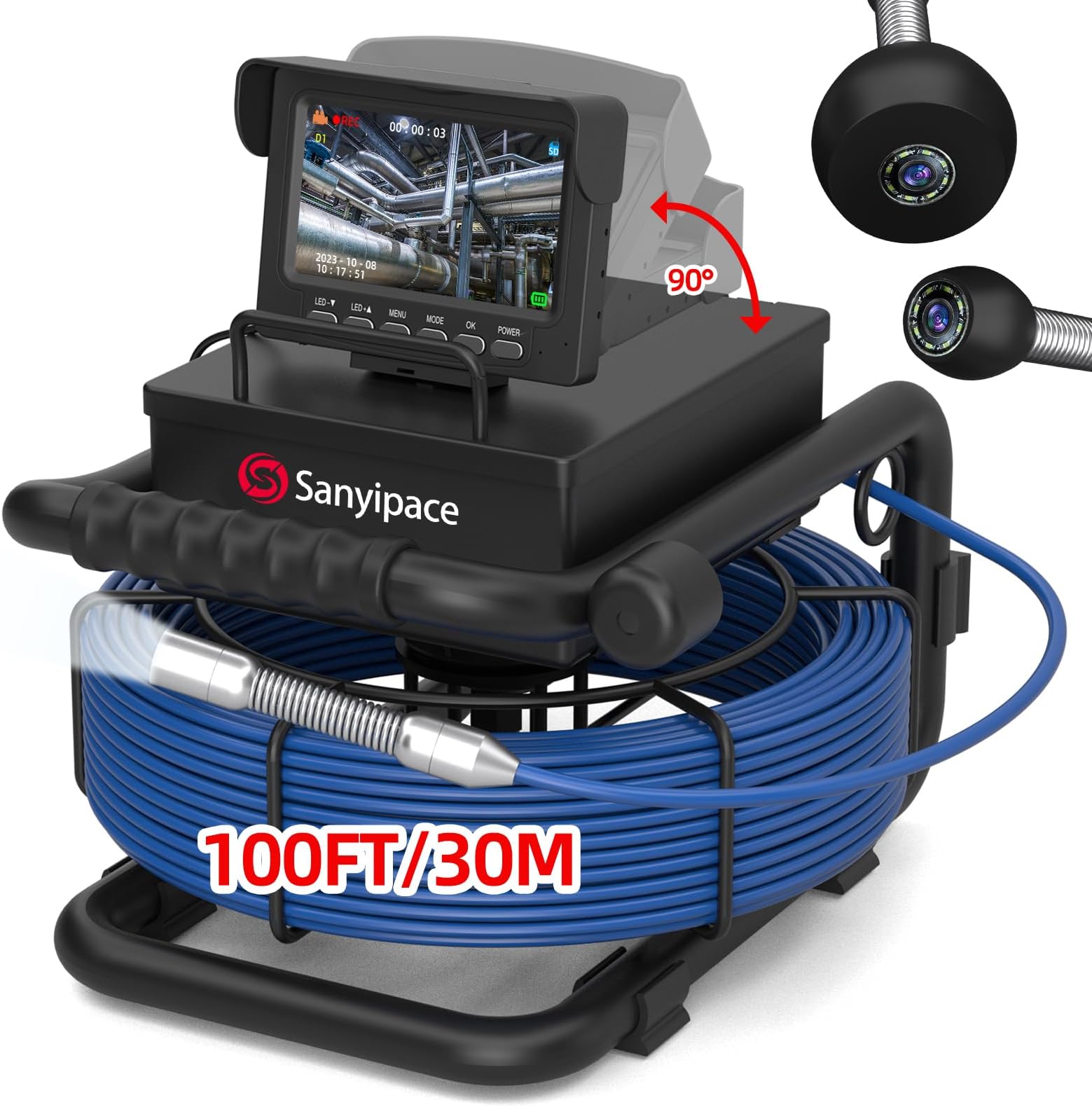 Sanyipace Sewer Camera 100FT/30M, 5600mAh Battery, 0.67in/17mm Pipe Inspection with Light, DVR & Audio Recorder, 4.3" Screen, 8 LEDs, 1000TVL Plumbing Snake, Included 16GB Card