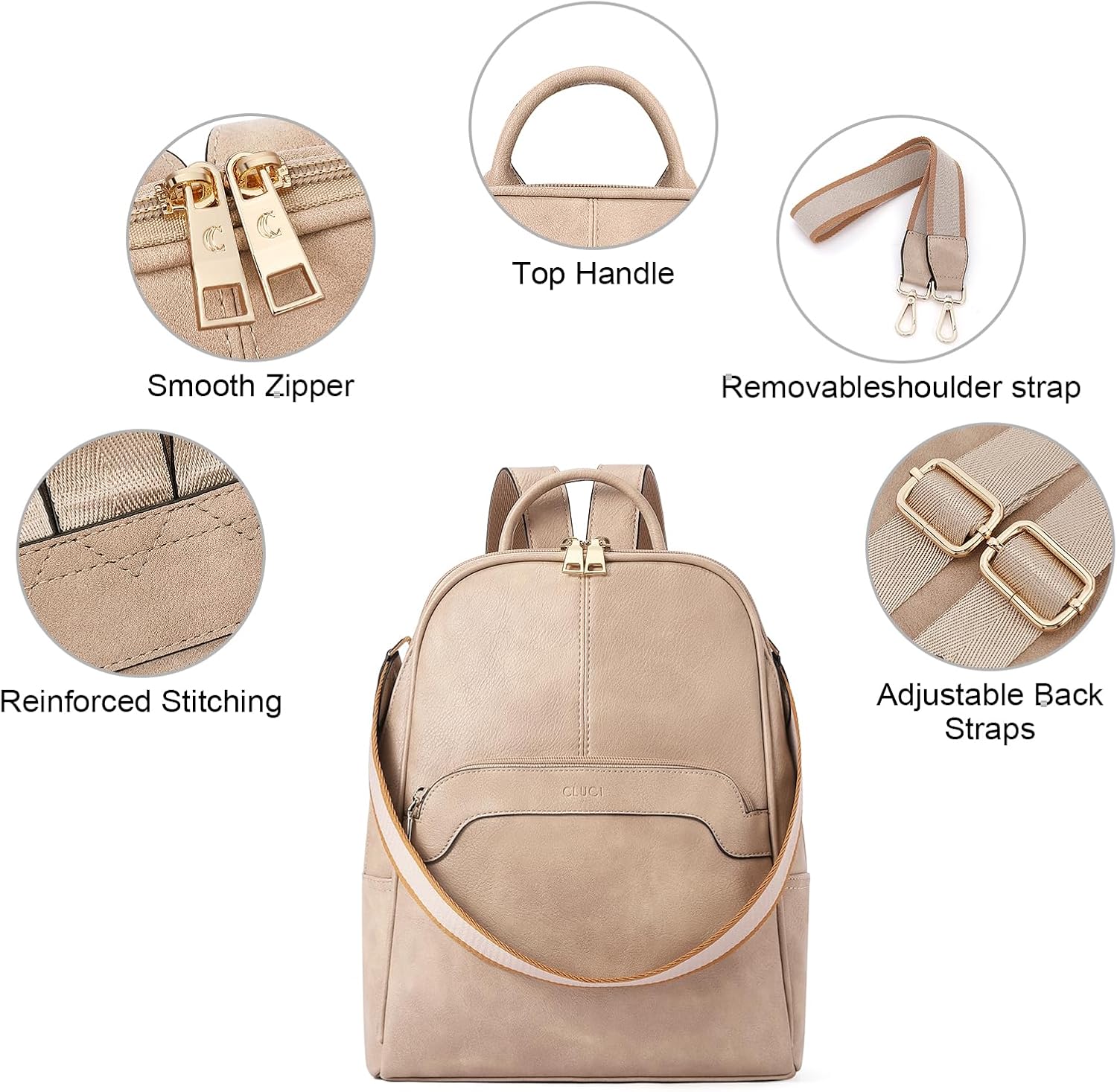 CLUCI Small Backpack for Women, Womens Backpack PU Backpack Purse for Women Leather Convertible Travel Backpack Shoulder Bags - Image 5