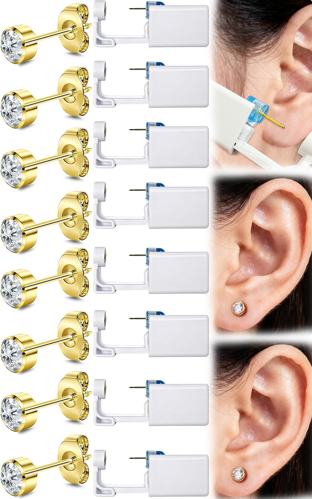 Get the Perfect Ear Piercing with 24Pcs Premium Ear Piercing Kit - Includes 8 CZ Diamond Earrings and 8 Easy to Use Self Ear Piercing Gun - Safe Painless, Stainless Steel