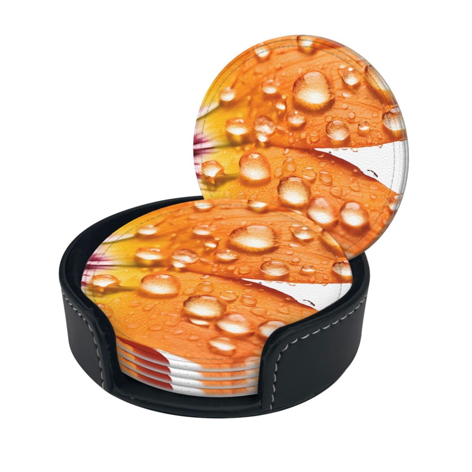 Daisy Flowers Print Coaster,Round Leather Coasters with Storage Box for Wine Mugs,Cold Drinks and Cups Tabletop Protection (6 Piece)