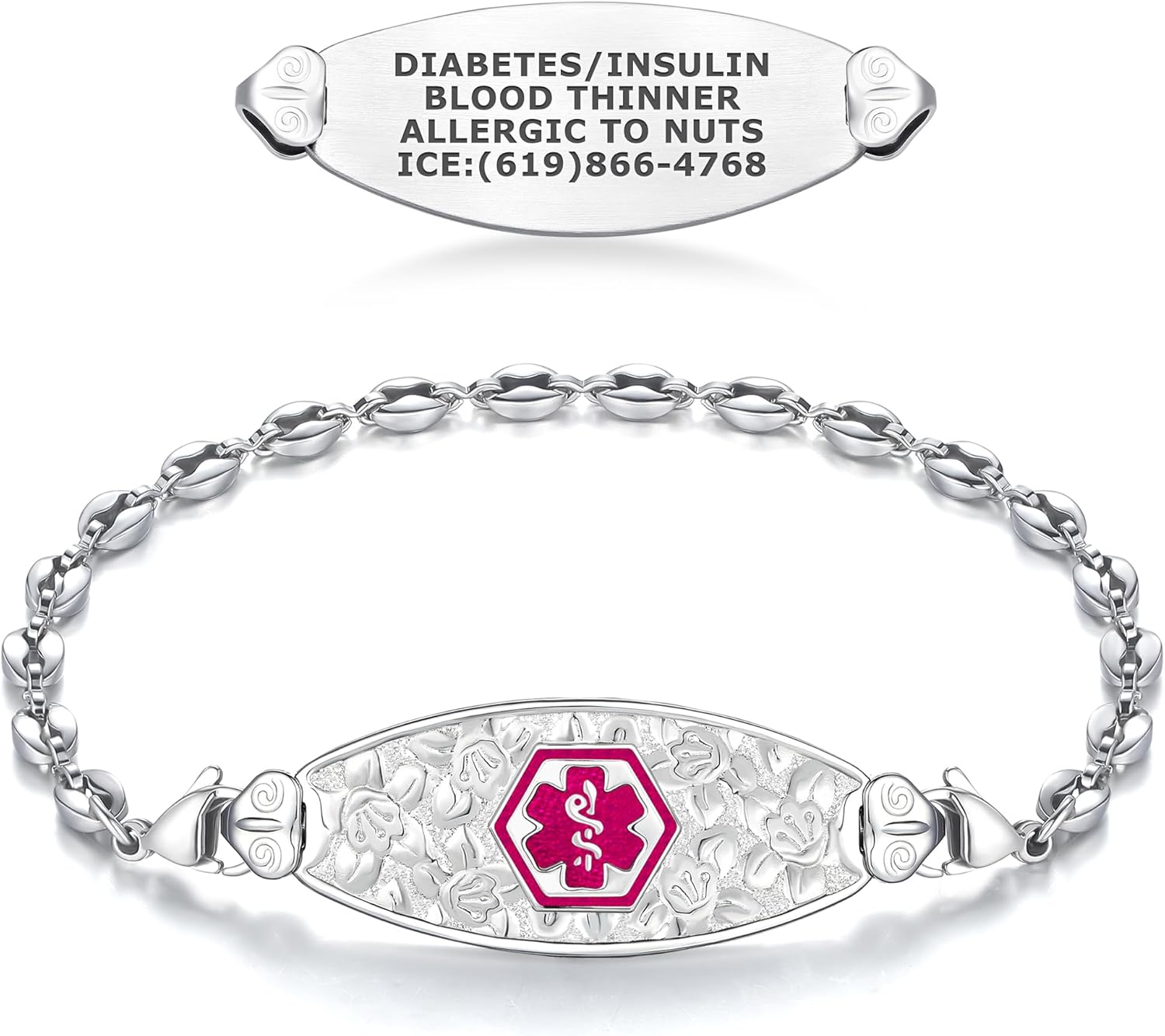 Divoti Custom Engraved Medical Alert Bracelets for Women, Medical Bracelet, Medical ID Bracelet w/Free Engraving–Blooming Cherry Blossom w/Anchor Link