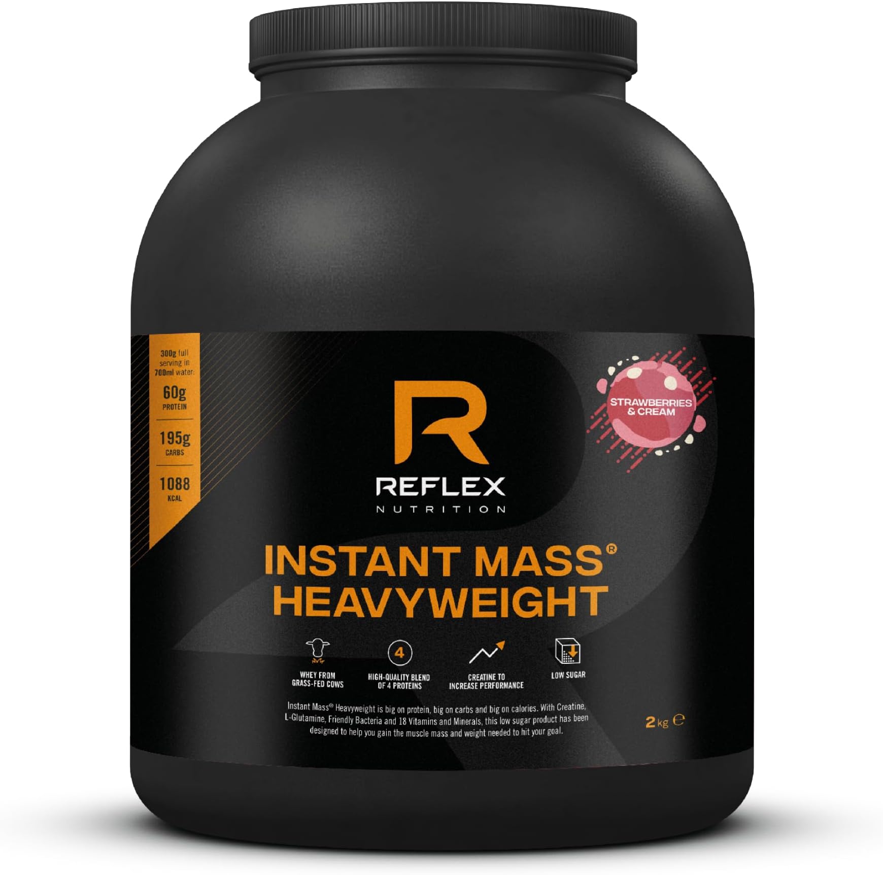 Instant Mass Heavyweight - Mass Gainer - Over 1000 Kcal per Serving, 60g Protein, Creatine - High Calorie Post Workout or Before Bed Protein Shake (Strawberries & Cream, 2 kg)