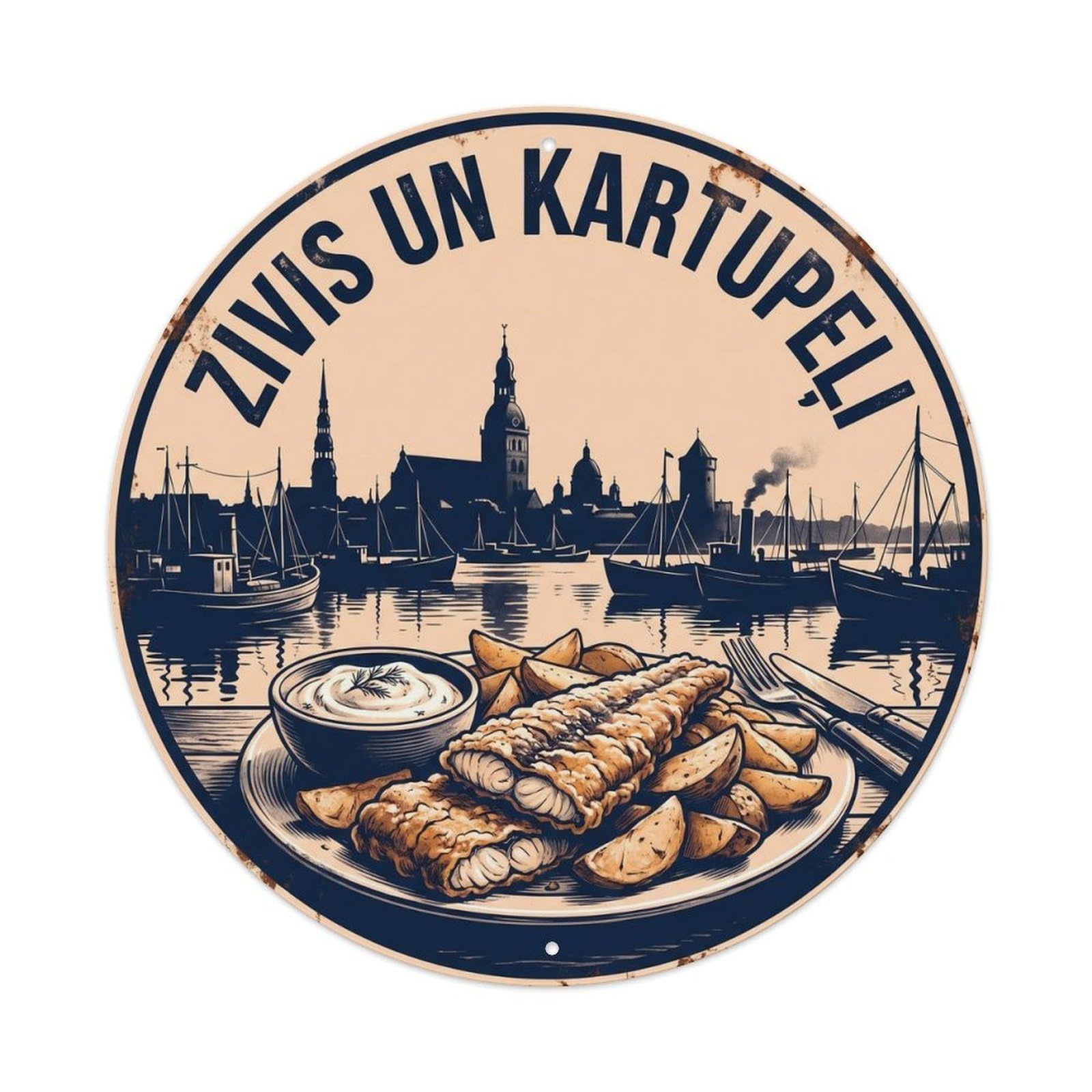 Latvia Seafood Chips Crispy Fillet Fry Shop Black White Metal Tin Sign