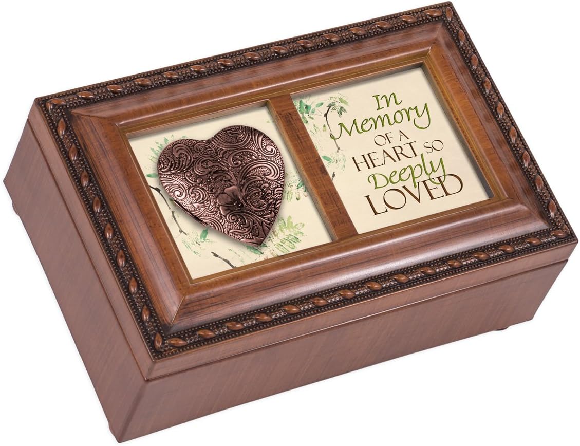 Cottage Garden in Memory of a Heart So Deeply Loved Woodgrain Rope Trim Jewelry Music Box Plays Amazing Grace