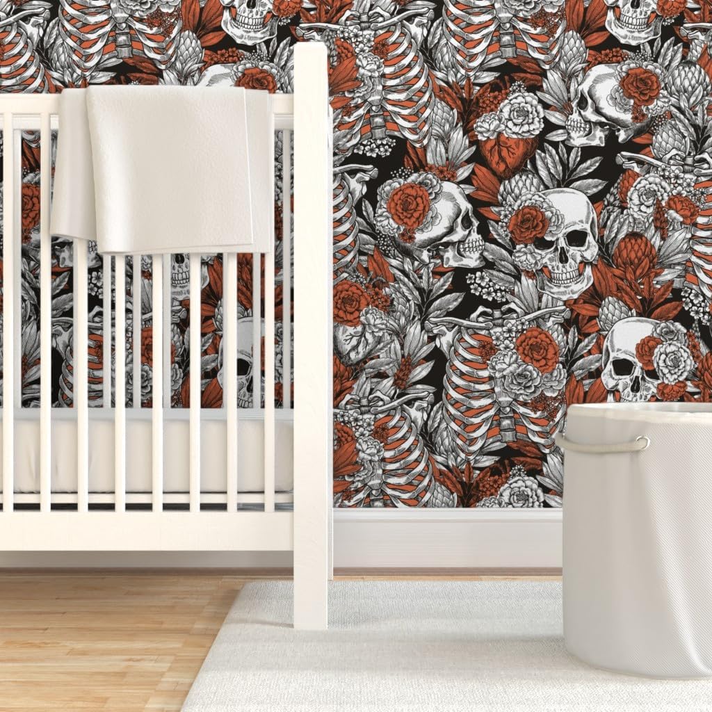 Spoonflower Removable Wallpaper 3ft x 2ft - Vintage Anatomy Halloween Dark Gothic Skull Medicine Flower Custom Pre-Pasted Wallpaper