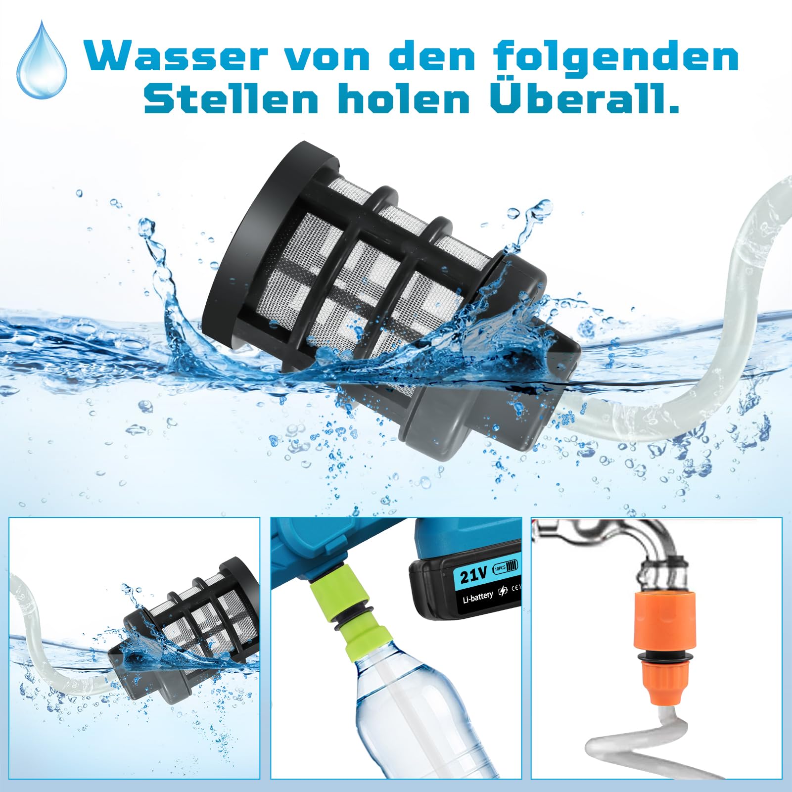 21V 120Bar Mobile Akku-Hochdruckreiniger mit 2 Akku 3000mAh, 6 in 1 Kabelloser Hochdruckreiniger mit 5M Schlauch, Strahlreiniger für Gartenreinigung, Boden-, Auto-