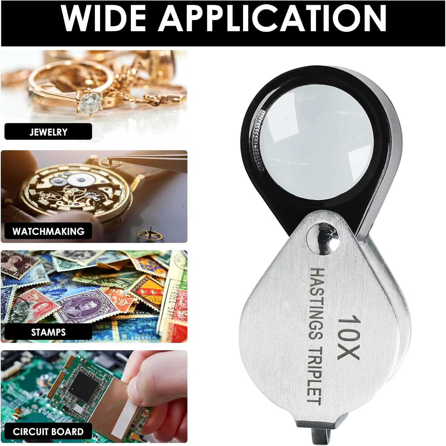 Jewelers Loupe Magnifier 10x Hasting Triplet 16mm (0.63") Optical Glass Bright Clear Lens Stainless Steel Mini Foldable Loupe for Gems, Jewelry, Coins, Stamp, Watch Repair etc