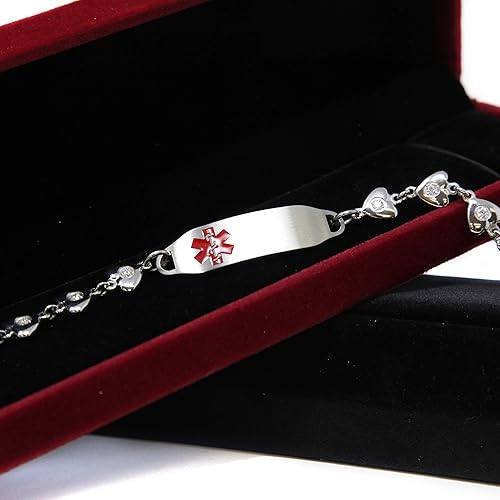 Miniatura 6 de Pulsera de alerta médica para mujer con grabado personalizado gratis, cadena de eslabones de corazón de acero con circonita cúbica, identificación