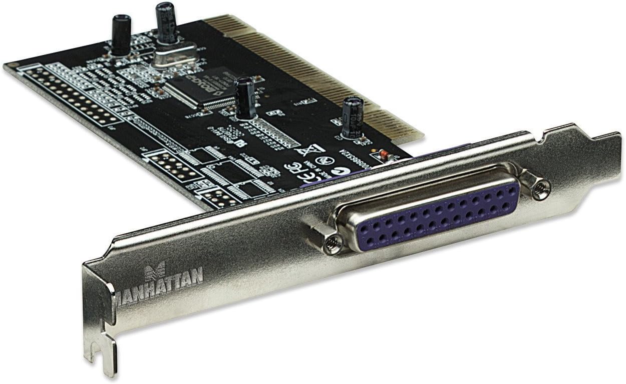 Manhattan 158220 PCI Parallel Adapter Card installed in a computer, showing the DB25 port.
