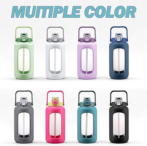 Miniatura 7 de Botella de agua de vidrio de 72 onzas con popote 2 en 1 y tapa de chug, botella de vidrio motivacional grande con marcador de capacidad y funda de