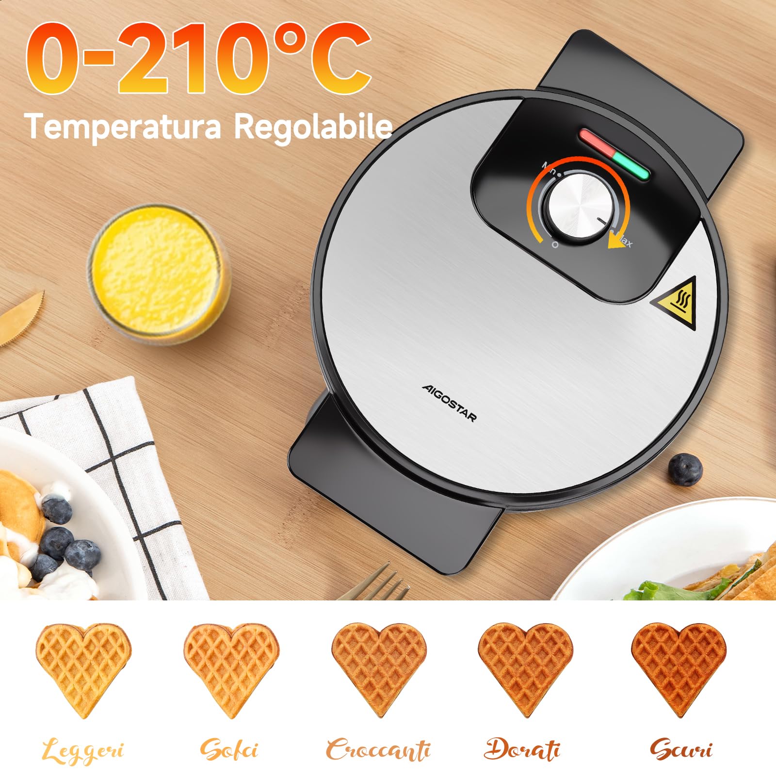 Aigostar Macchina per Waffle a 5 Cuori, 1000W, Piastre Antiaderenti da 19 cm, Cottura Regolabile, Indicatore LED, Maniglie Antiscottatura, Design Compatto in Acciaio Inossidabile, BPA FREE, Crunchy