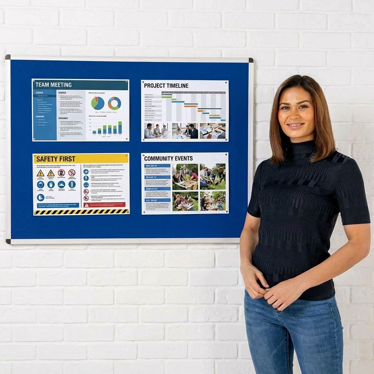 Wonderwall Premium Blue Felt Noticeboard,120 x 90 cm, Anti-Fade Pinboard, Aluminium Frame with Concealed Corner Wall Fixings - Ideal for Office, School, Industry, Hubs, Healthcare