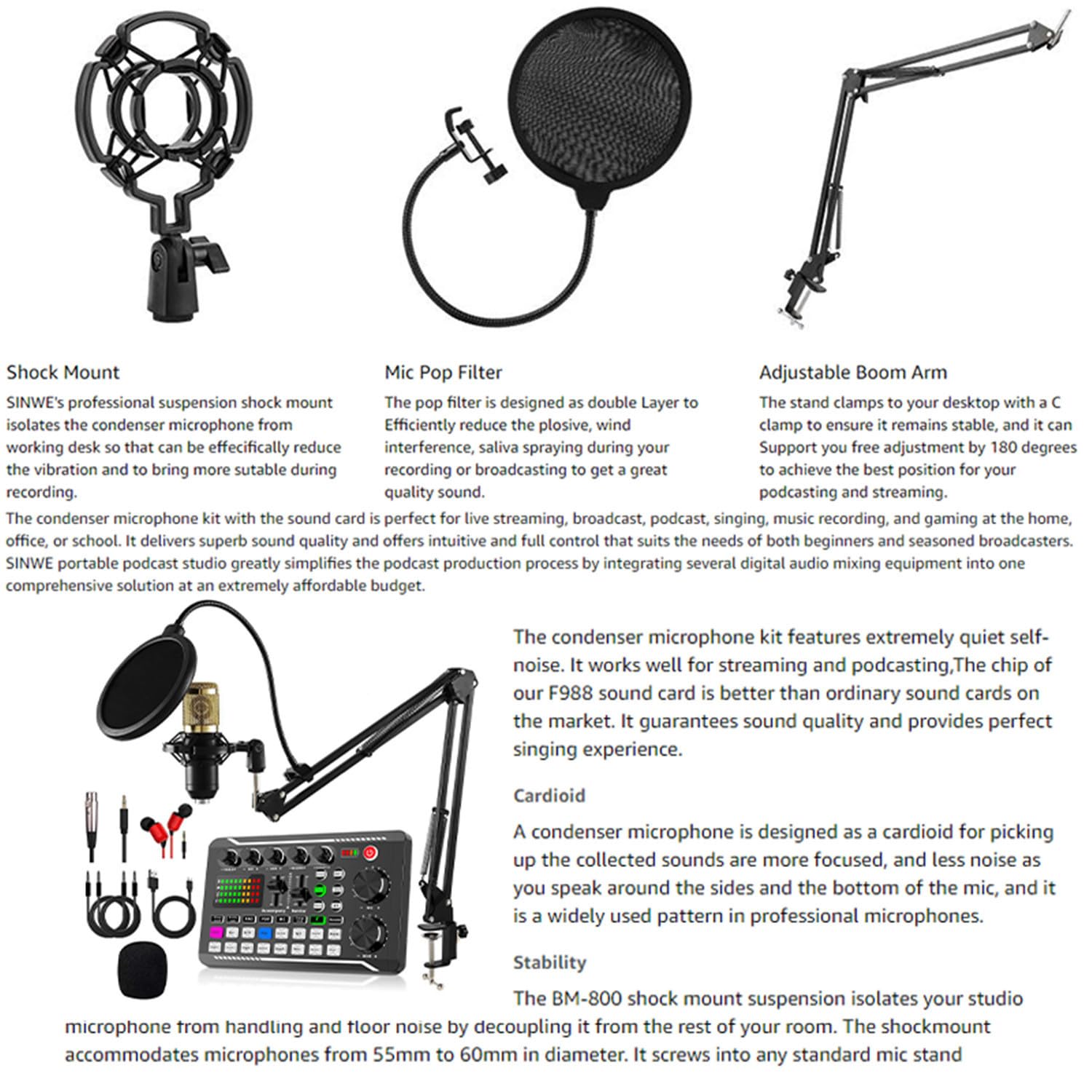 Set di microfoni per podcast, microfono a condensatore BM-800 con kit scheda audio live F998, set di apparecchiature per podcast con funzioni di cambio vocale e mixer, per registrazione e trasmissione