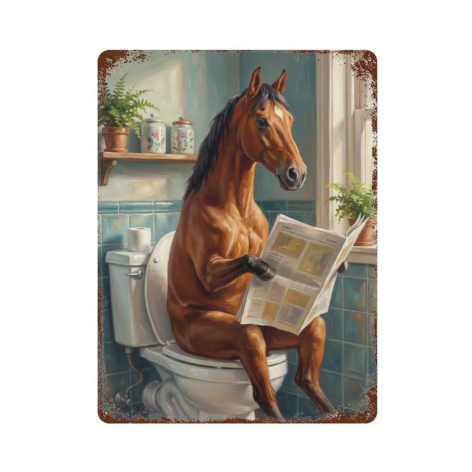 Horse Reading Newspaper on Toilet Vintage Rust Metal Sign 15.7"x11.8", Shabby Chic Decor for Living Room, Hallway And Home Decor