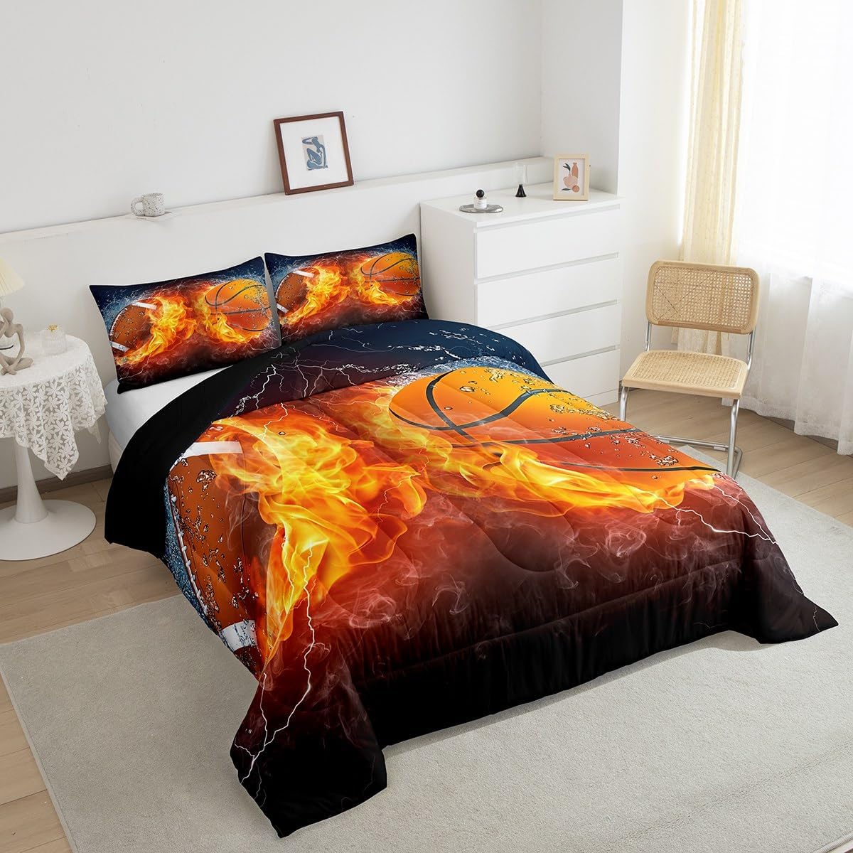 Erosebridal Football Bedding Sets for Boys Kids Basketball Comforter Set Queen Sports Quils Fire and Ice Duvet Set,Rugby Soccer Quilt Set Girls Teens Ball Game Duvet Insert Sport Theme Bedroom Decor