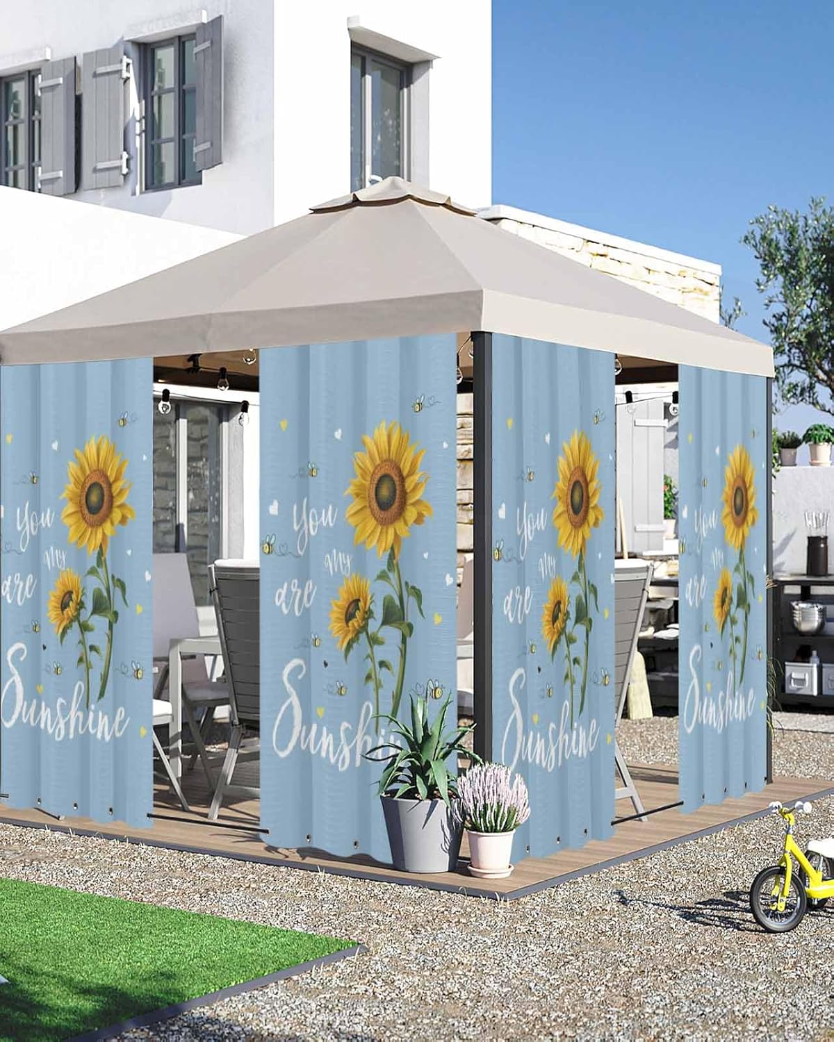Outdoor Curtains for Patio, Light Blue Sunshine Sunflower Outside Curtain Top & Bottom with Grommets & Windproof Rope, Pastoral Bees Farmhouse Floral Privacy Screen Drapes for Porch, 2 Panels(54"x95")