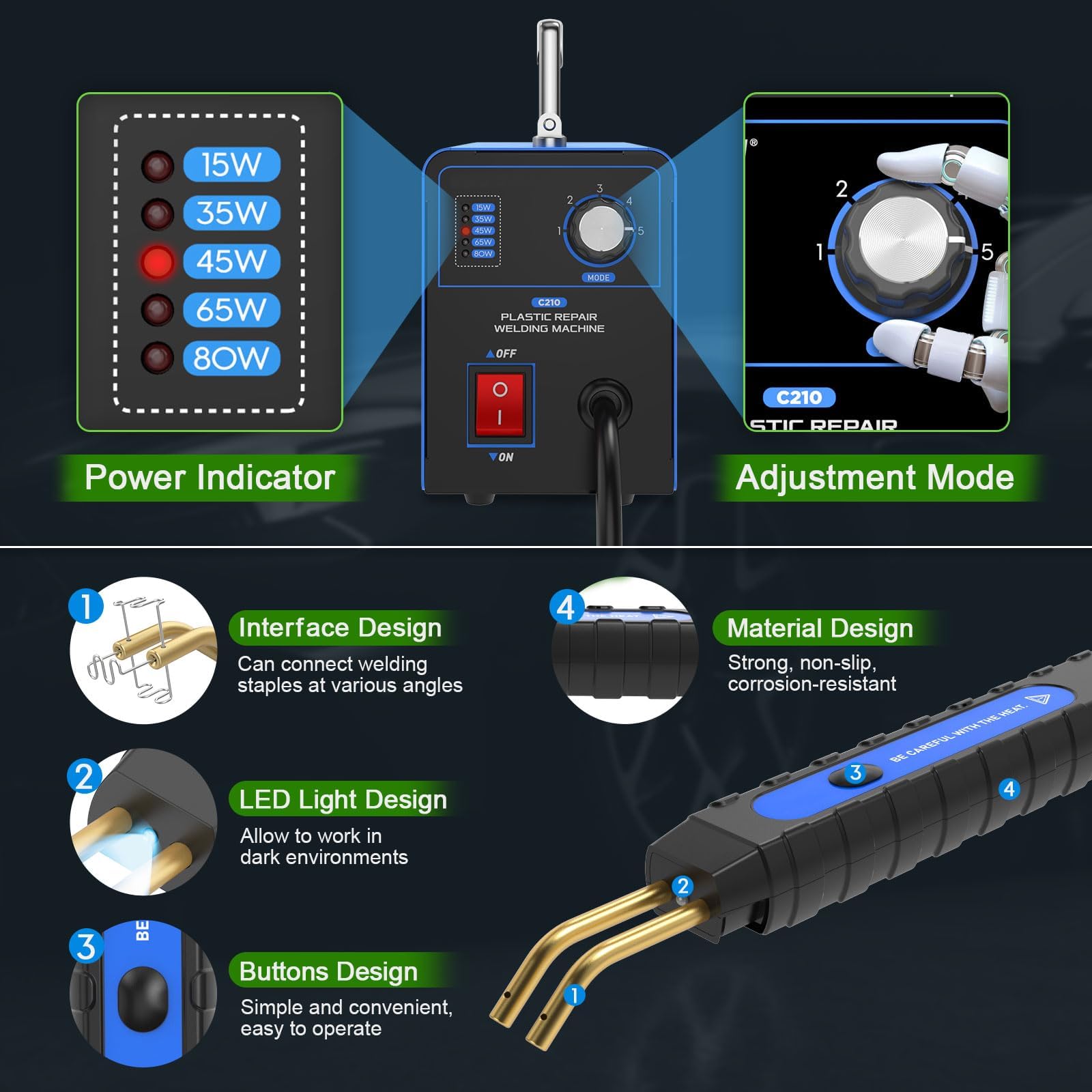 Kit de Soudure pour Réparation Plastique Auto-Moto 220V Réglable 15W/35W/45W/65W/80W, Ensemble Réparation Plastique avec Pistolet à Air Chaud et 600 Clous pour Soudure