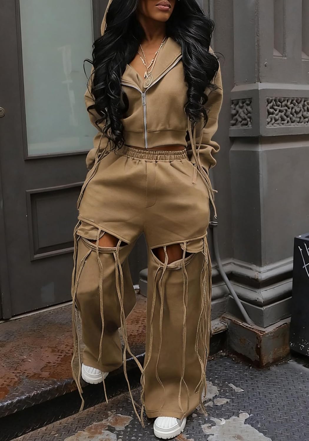 Womens Sweatsuits 2 Piece Outfits Fall Zip Up Cropped Hoodie Cut Out Sweatpants Sets Airport Travel Outfit Tracksuit