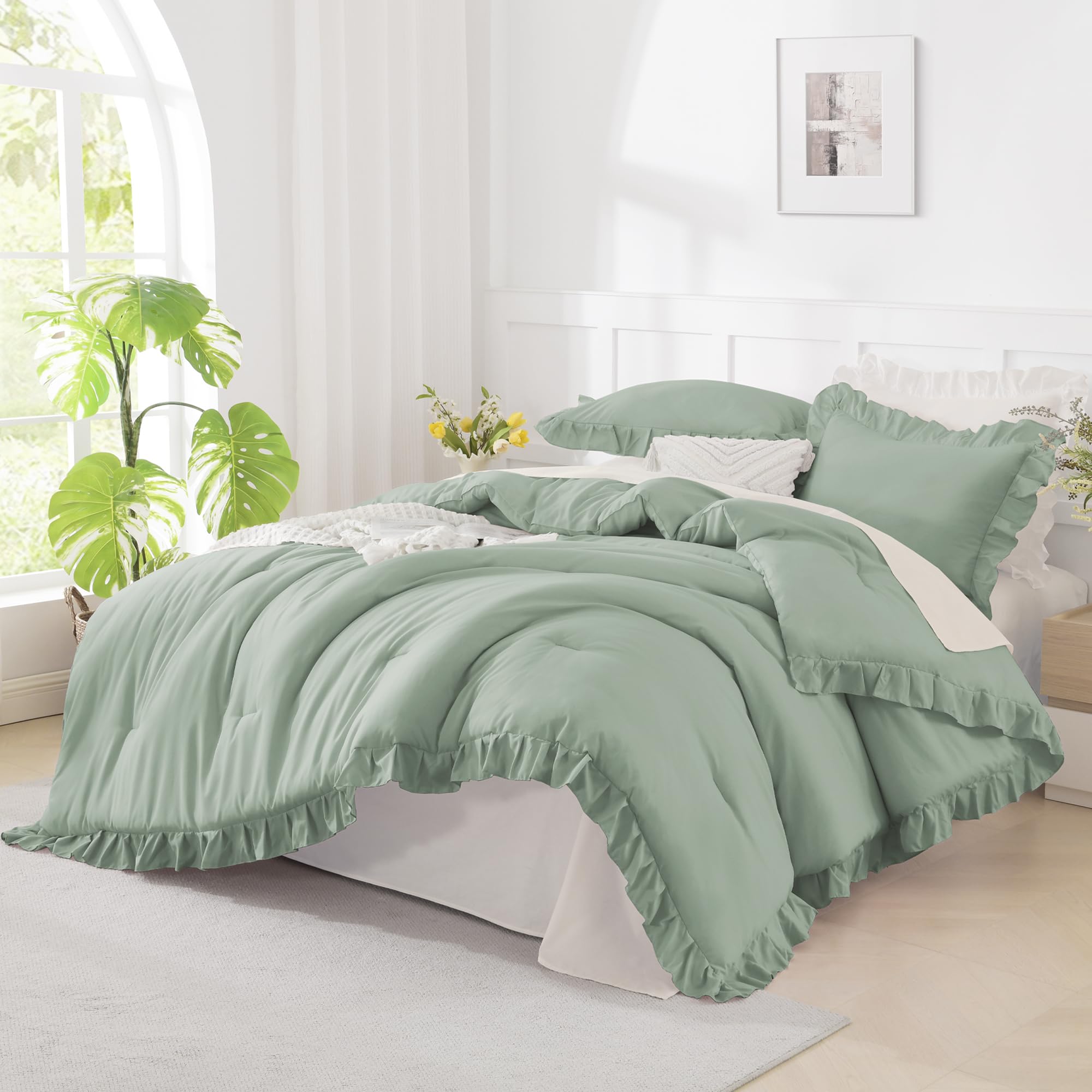 Andency Sage Green Ruffle Comforter Full(79x90Inch), 3 Pieces(1 Ruffled Comforter and 2 Pillowcases) Vintage Ruffle Fringe Comforter, Farmhouse Rustic Microfiber Down Alternative Bedding Comforter Set-image-28