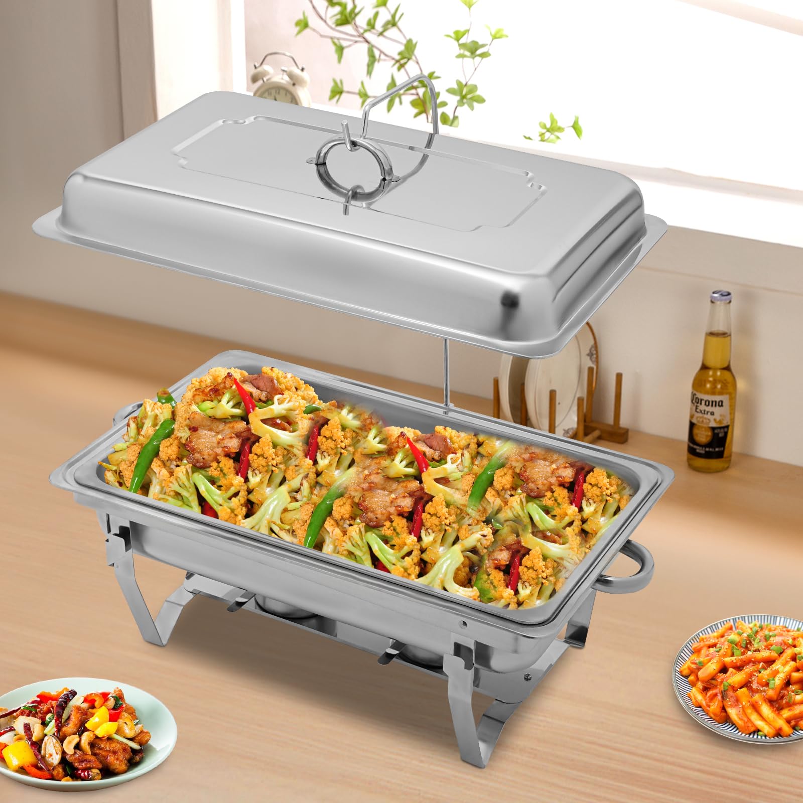 Scaldalibi da 9 l, contenitore termico in acciaio inox, telaio pieghevole in acciaio inox, set da buffet argentato, rettangolare, per catering buffet e feste (1 vassoio)